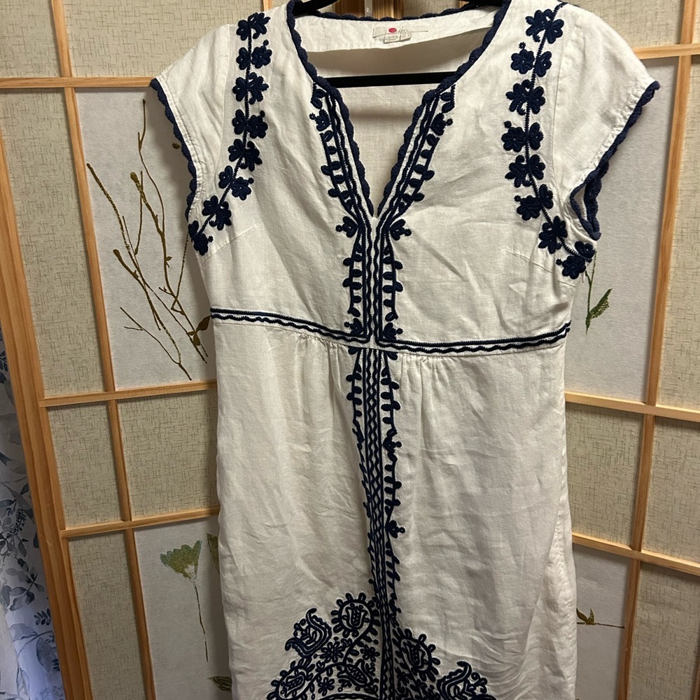 Boden Ivory Dress with Navy Detailing